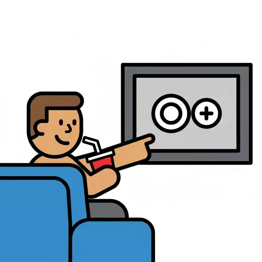 En gutt sitter i en blå sofa, holder en rød kopp med sugerør og peker mot en TV-skjerm.