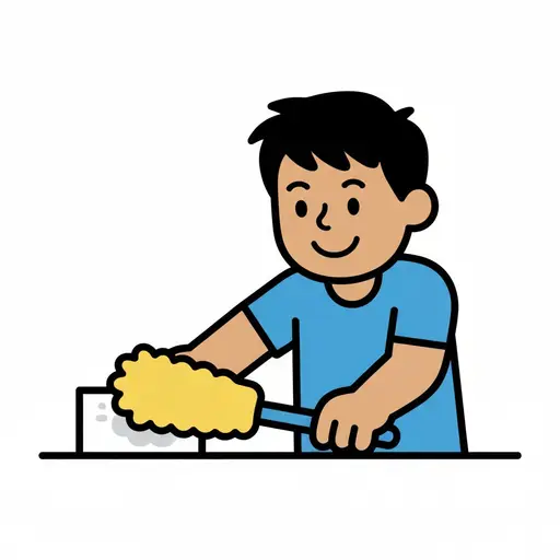 Een persoon stoft een plint af met een plumeau.