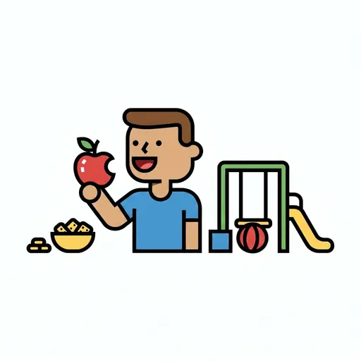 Ett glatt barn äter ett äpple bredvid en skål med frukt och en lekställning