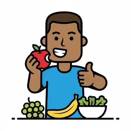 Een jongen houdt een appel vast en steekt zijn duim op achter druiven, een banaan en een kom salade.