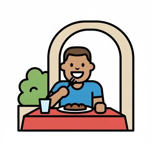 Een jongen zit aan een tafel buiten een maaltijd te eten met een vork.