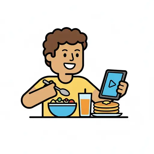 Een jongen eet ontbijtgranen met een lepel terwijl hij naar een telefoon kijkt, met pannenkoeken en sap op de tafel.