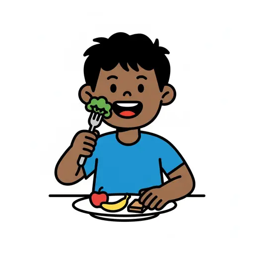 Een jongen eet broccoli van zijn bord.