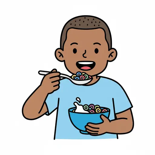 Een jongen eet ontbijtgranen met een lepel uit een kom.