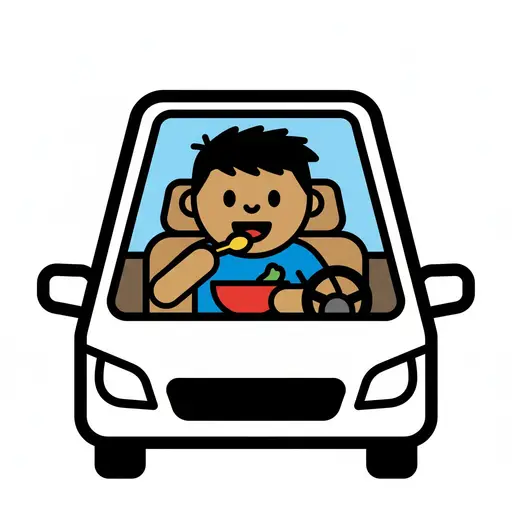 Een persoon zit in een auto te eten uit een rode kom met een gele lepel.
