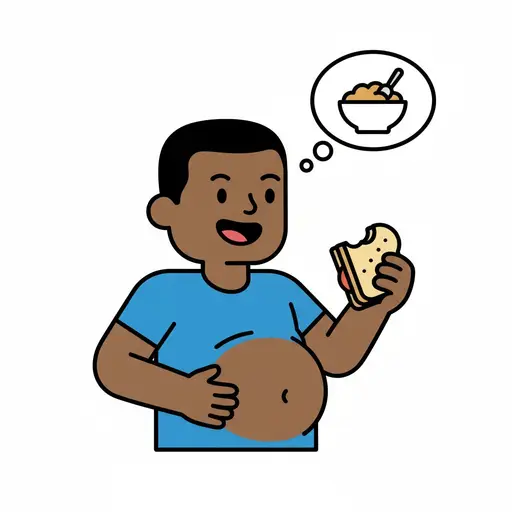 Een blije jongen eet een boterham en houdt zijn ronde buik vast, met een gedachtewolk met een kom eten.