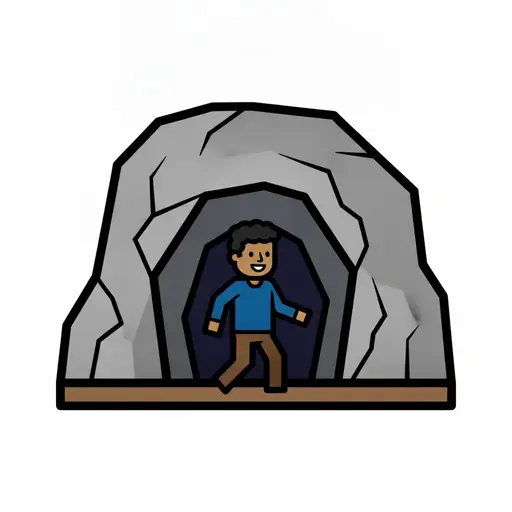 A boy walks into a large rocky cave.