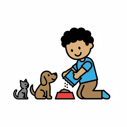A cartoon image of a child kneeling and pouring food into a red bowl for a dog and a cat.