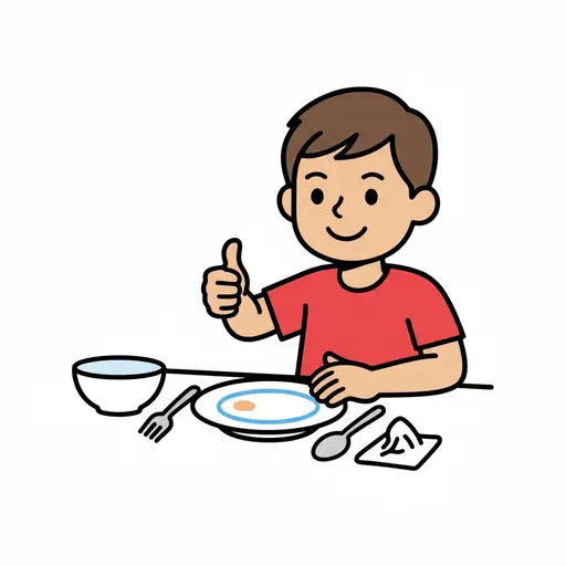 Een tevreden jongen zit aan tafel met een bijna leeg bord en steekt zijn duim op.