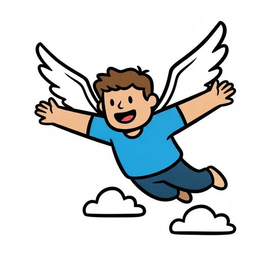 Een jongen met vleugels vliegt blij tussen de wolken.