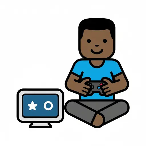A boy sits cross-legged holding a game controller next to a screen showing a star and a ring.