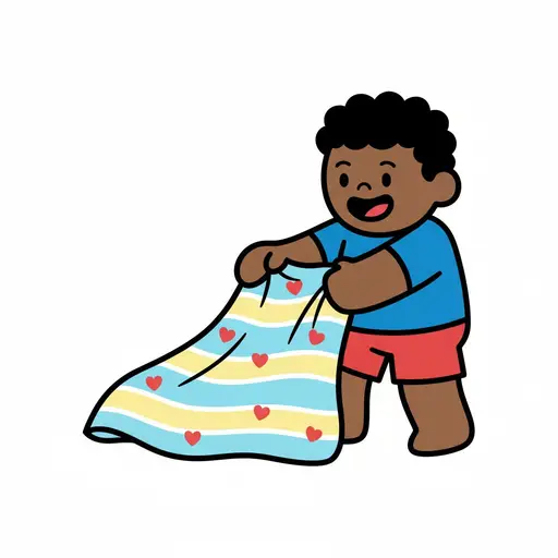 Een jongen houdt een blauw met gele knuffeldoek met rode hartjes vast.