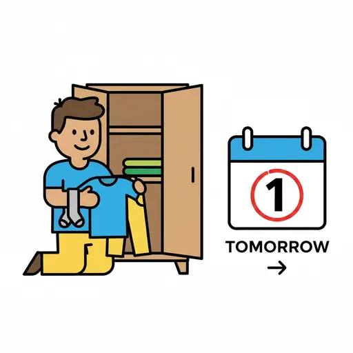 Een jongen knielt voor een open kledingkast en houdt een T-shirt en sokken omhoog. Naast hem staat een kalenderpictogram met MORGEN en het cijfer 1.