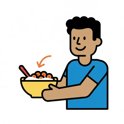 Een blije jongen houdt een kom met ontbijtgranen en melk voor zich, klaar om op te dienen. Een pijl wijst naar de kom.