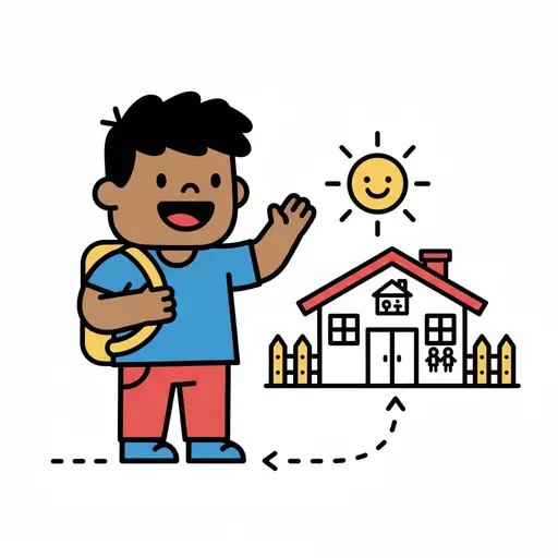Een blije jongen met een rugzak zwaait gedag en loopt weg van een huis met een stralende zon.