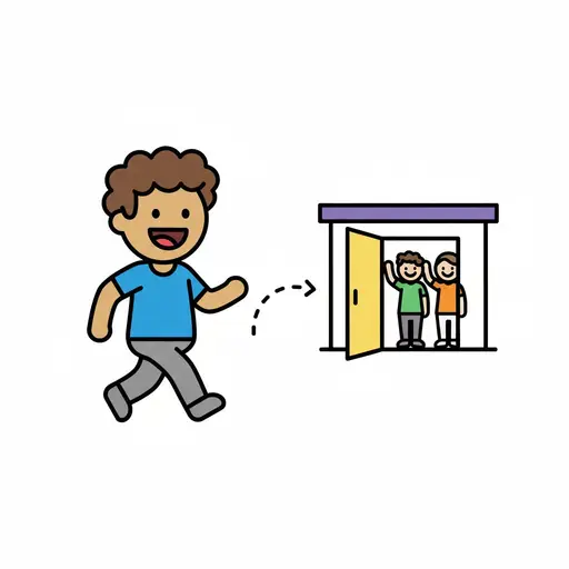 Een blije jongen rent naar een gebouw met een open deur waar twee kinderen staan te zwaaien.