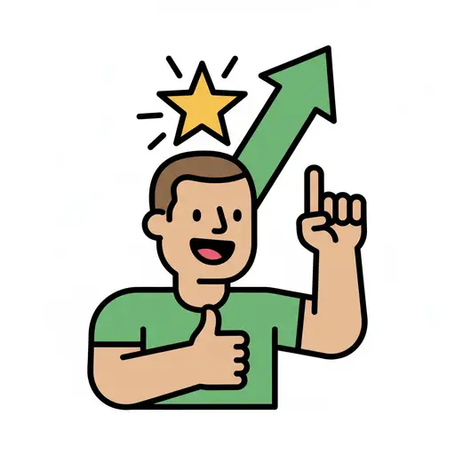 Een tekening van een persoon met een ster boven zijn hoofd die zijn duim opsteekt en omhoog wijst, als symbool voor een goede houding en vooruitgang.