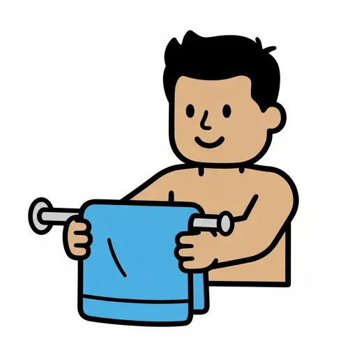 A boy hangs a blue towel on a towel rail.