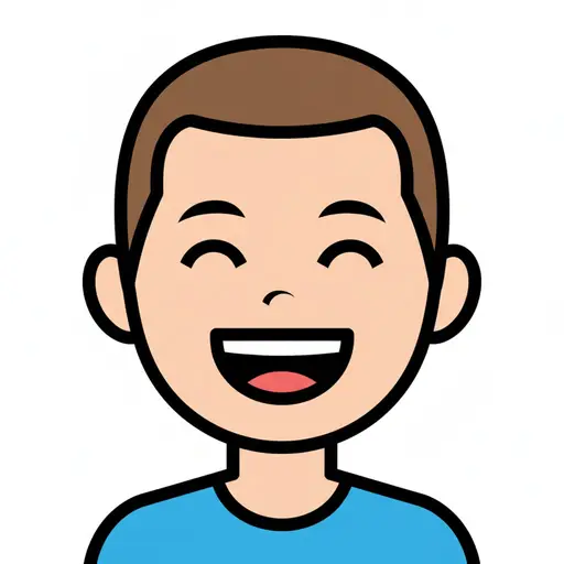 En illustrasjon av en gutt med et bredt, åpent smil og lukkede øyne, som uttrykker glede.