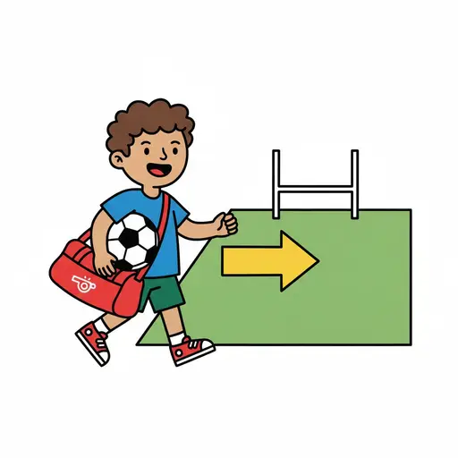A boy with a bag and a ball walks towards a football pitch.