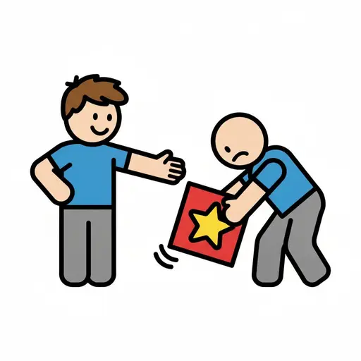 Ein Junge streckt die Hand aus, um einem traurigen Freund zu helfen, dem eine Kiste herunterfällt.