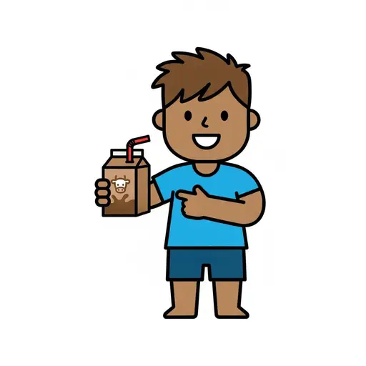 Een vrolijke jongen houdt een pakje chocolademelk met een rietje omhoog en wijst ernaar.