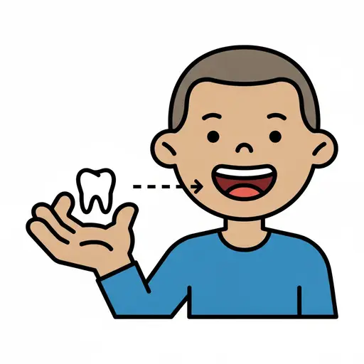 A smiling boy shows the gap in his teeth and holds up the baby tooth that just fell out.
