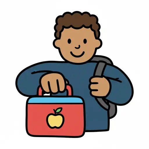 Een lachende jongen met bruin krullend haar draagt een grijze rugzak en houdt een rode lunchtrommel met een gele appel op de voorkant vast.