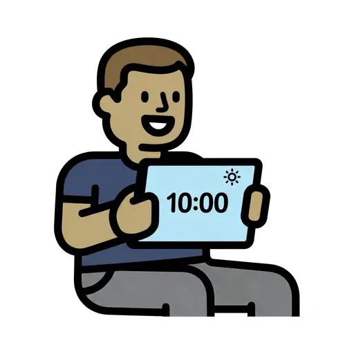 A boy holds up a tablet showing 10:00 with a sun symbol.
