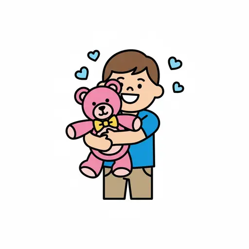 Een blije jongen knuffelt een roze teddybeer. Er zweven kleine blauwe hartjes om hem heen.