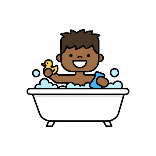 A happy boy sits in a bubble-filled bathtub holding a rubber duck.