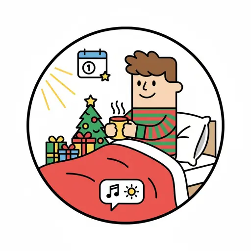 En leende pojke ligger i sängen med en ångande mugg medan en kalender visar dag ett och en julgran står bredvid.