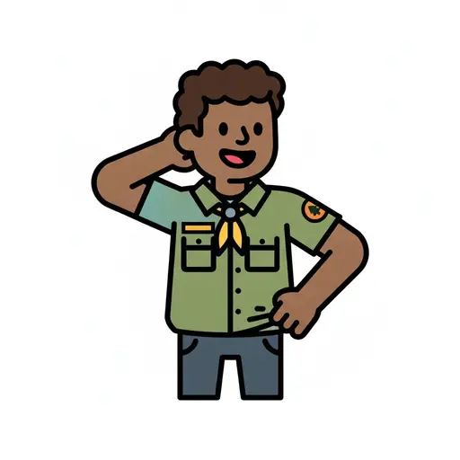 En glad pojke i grön scoutskjorta med halsduk.