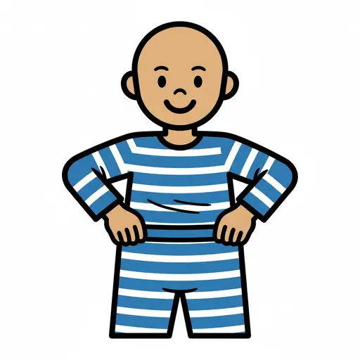 Een jongen staat in een blauw met wit gestreepte pyjama.