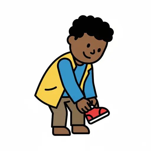 Een lachende jongen in een gele jas bukt en trekt een rode schoen aan.