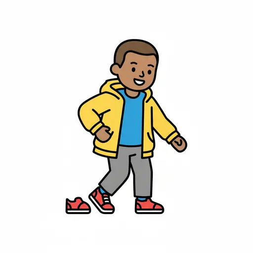 A boy in a yellow jacket steps into a pair of red shoes.