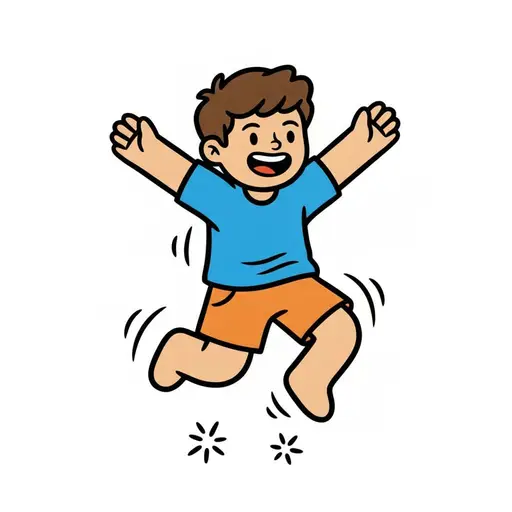A boy jumps barefoot with his arms up and motion lines around his feet.