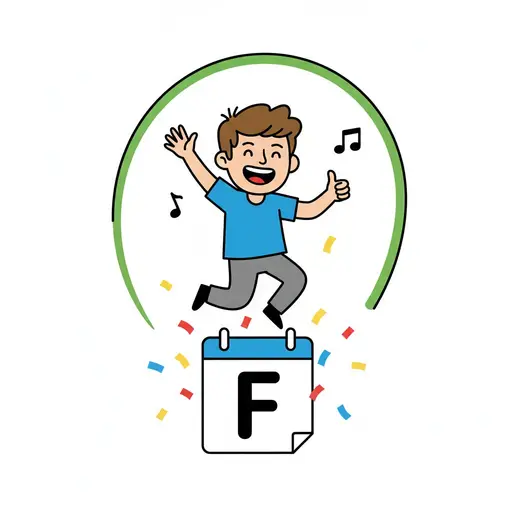 A happy person jumps over a calendar with the letter 'F' on it. Confetti and music notes fly around, and a green circle frames the person and calendar.
