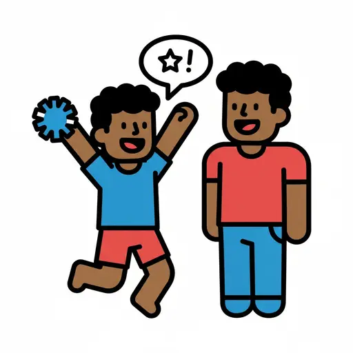 A smiling boy in a blue shirt jumping in the air holding a blue pompom, with a happy adult in a red shirt standing beside him and a speech bubble with a star above.