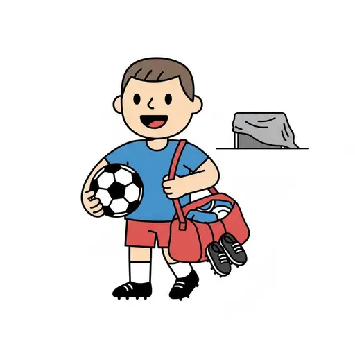 A boy in football kit heads home with the ball under his arm and his sports bag over his shoulder.
