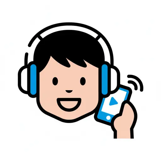 Een jongen luistert met een koptelefoon en een smartphone naar een podcast.