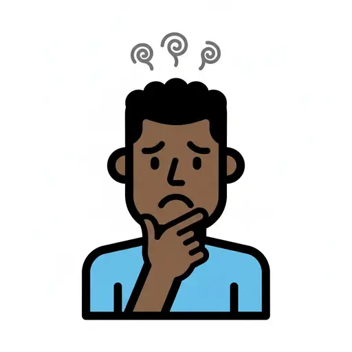 A boy with a worried expression resting his hand on his chin, with swirly thought marks above his head.