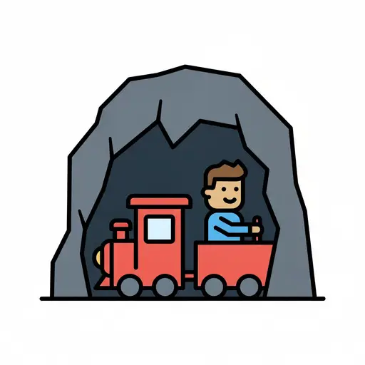 En pojke åker i ett rött litet tåg in i en grotta.