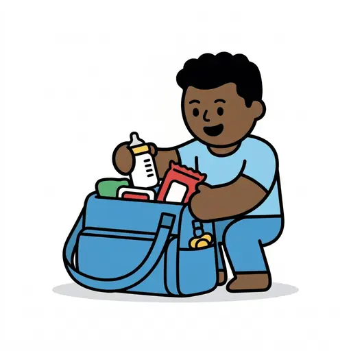 Een kind pakt een blauwe luiertas in met een babyfles en andere spullen.