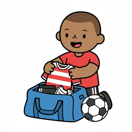 En dreng pakker en stribet t-shirt i en blå sportstaske ved siden af en fodbold.