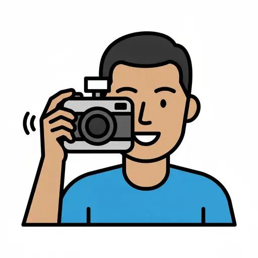 A boy holds a camera up to his face and takes pictures.