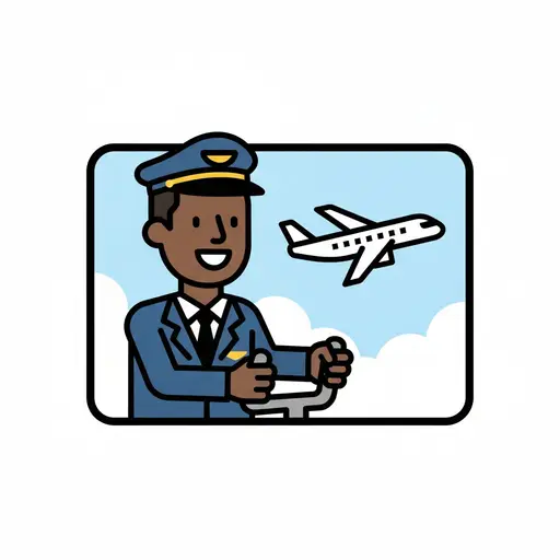 A boy dressed as a pilot flies an airplane in the sky.