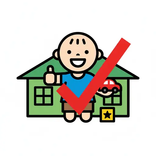 Een blij kind steekt zijn duim op voor een huis met een rood vinkje over de afbeelding. Het kind houdt een rode auto vast.