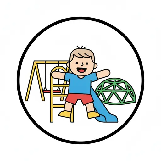 Ein fröhlicher Junge steht auf einem Spielplatz mit Schaukeln, einem Klettergerüst und einer Kletterkuppel.