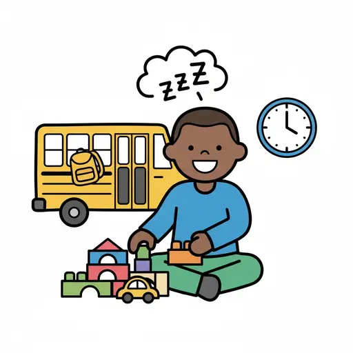 Een blije jongen zit op de grond met kleurige bouwblokken te spelen. Op de achtergrond staan een schoolbus met een rugzak, een klok die vroeg in de ochtend aangeeft en een gedachtewolk met een slaapsymbool.